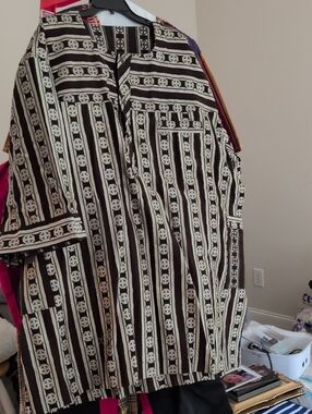 african shirt and draw string pants. no size or manufacturer.  brown and cream.